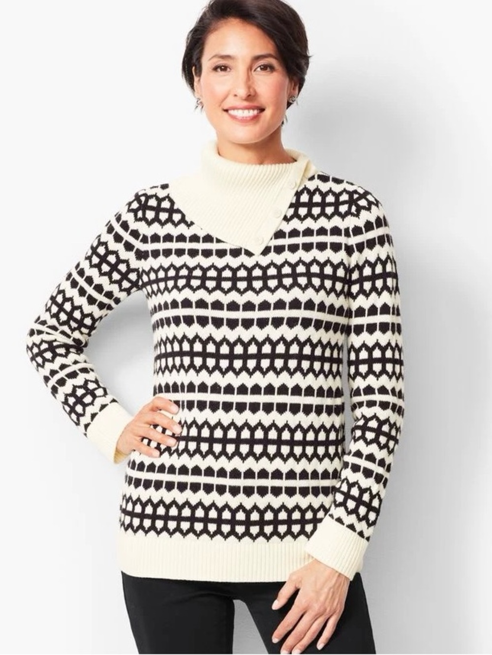 TALBOTS S Geo Print Button Neck Sweater Black Ivory Cowl Shawl Collar Pullover